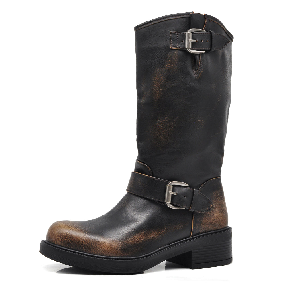 Stivali Biker Motociclista da Donna con Fibbia Effetto Vintage MP2743-4 nero marrone