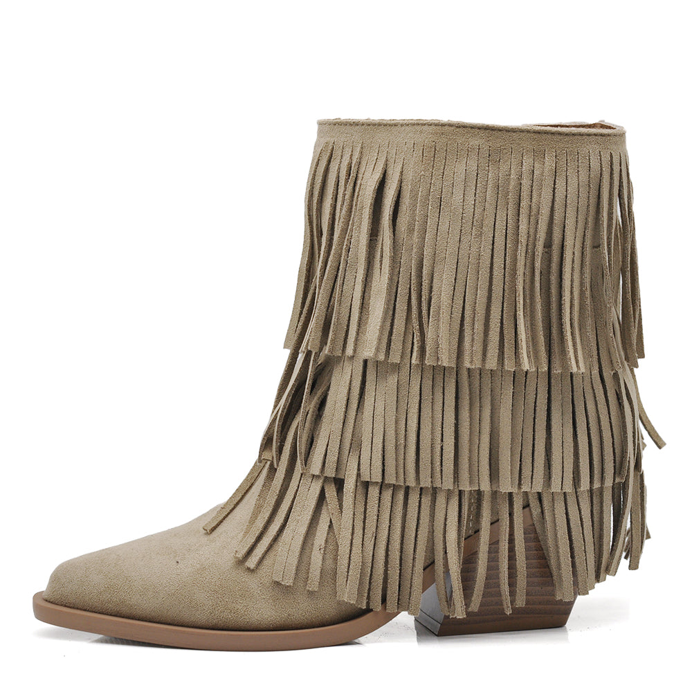 Stivaletti Donna con Frange Stile Western Texani – Tronchetti Casual con Tacco Medio,Camperos in Camoscio Sintetico  GA056