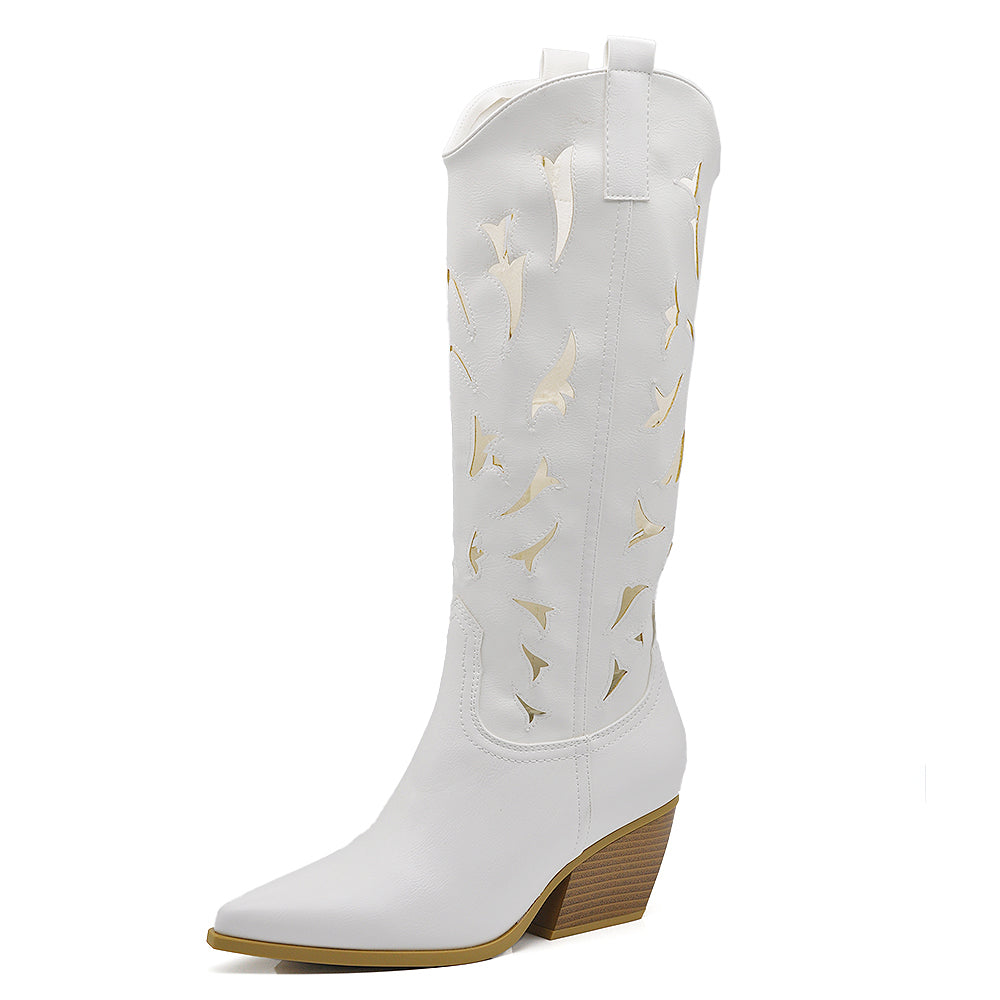 Stivali Alti Primaverili Texani Donna Traforati al Ginocchio – Stivaletti Western con Tacco Medio