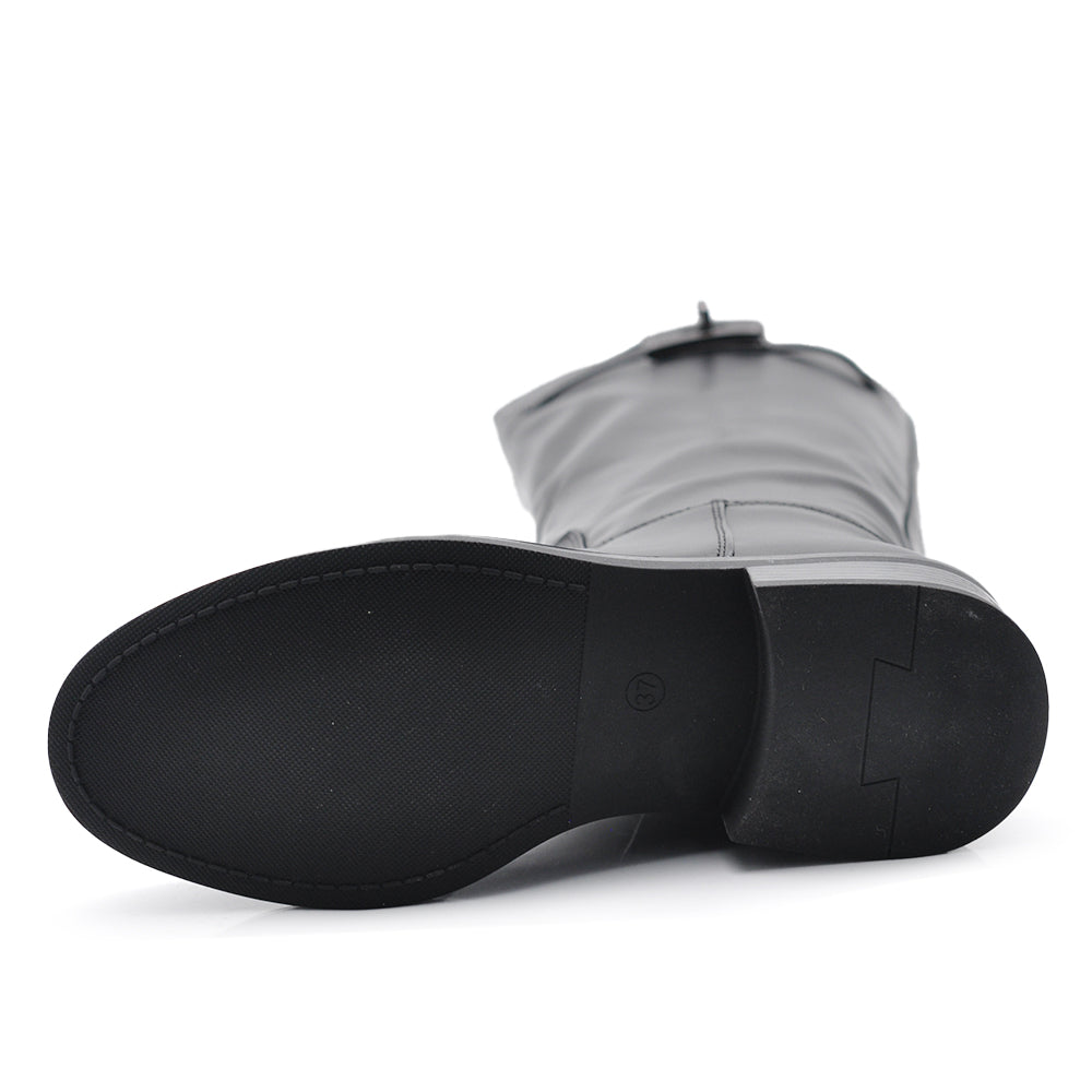 Stivali Alti da Donna Tipo Cavallerizza da Equitazione con Tacco Basso Decorati con Fibbia e Cinghia GA052 nero marrone