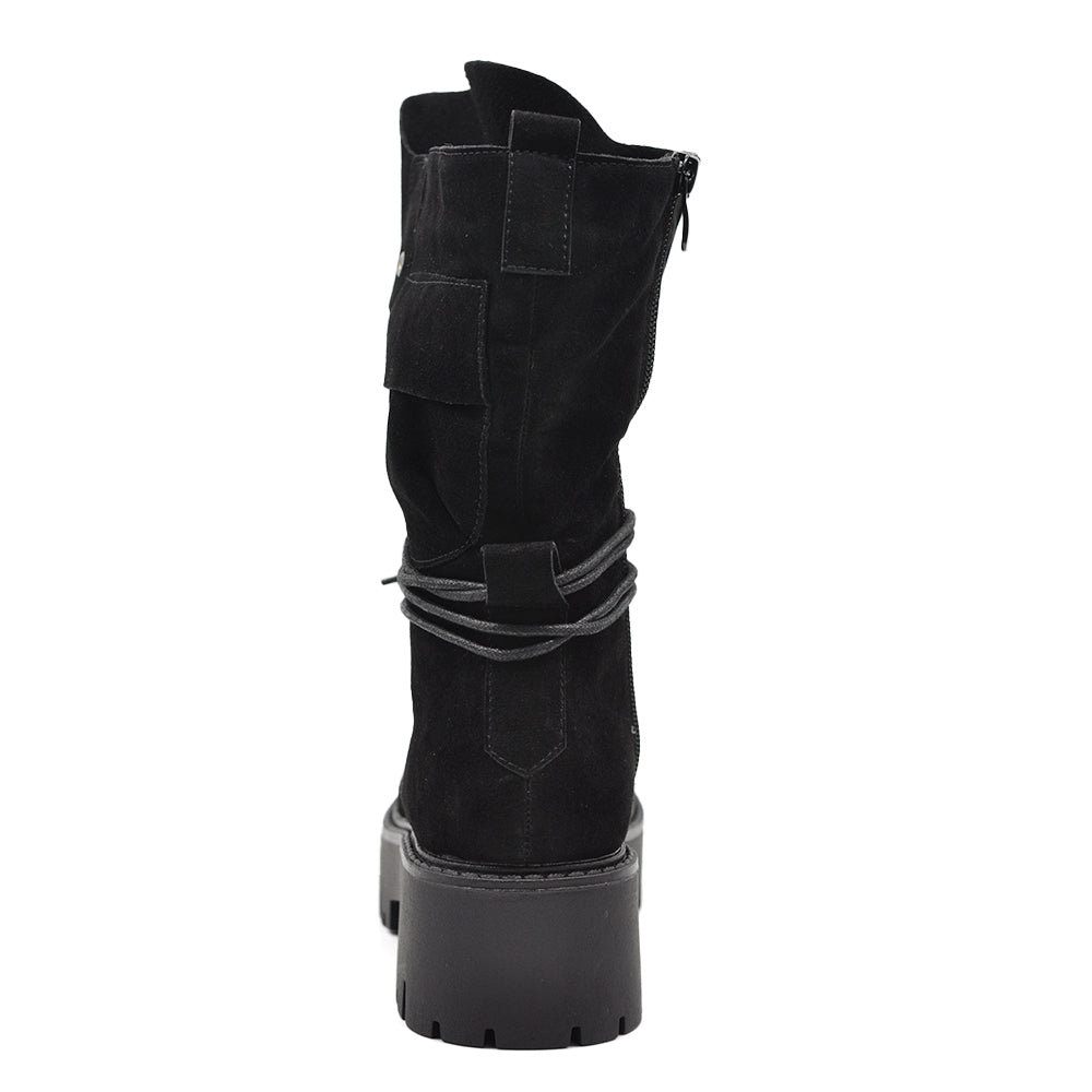 Stivali Anfibi Donna Platform con Lacci, Maxi Linguetta e Tasca Decorativa – Stivaletti Combat Casual con Suola Carrarmato 750