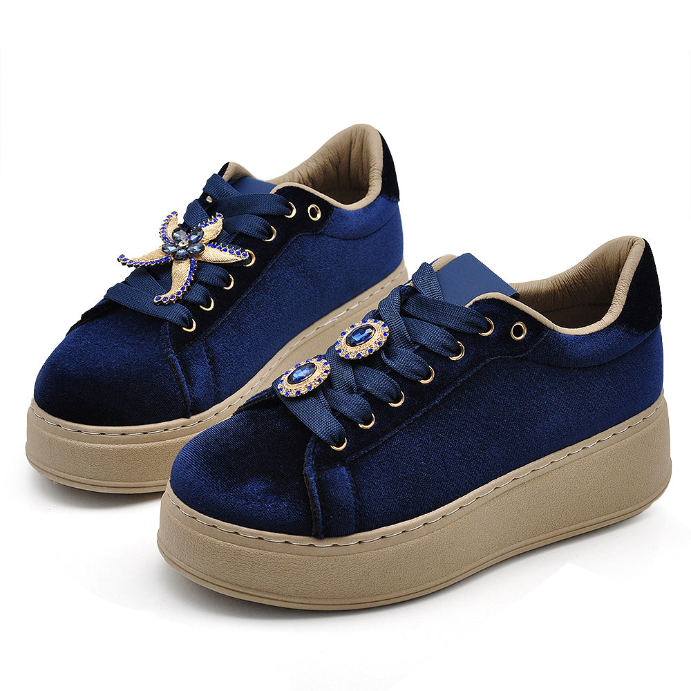 Sneakers donna platform eleganti con applicazioni gioiello scarpe casual moda comfort con decorazioni brillanti AD-147 velluto