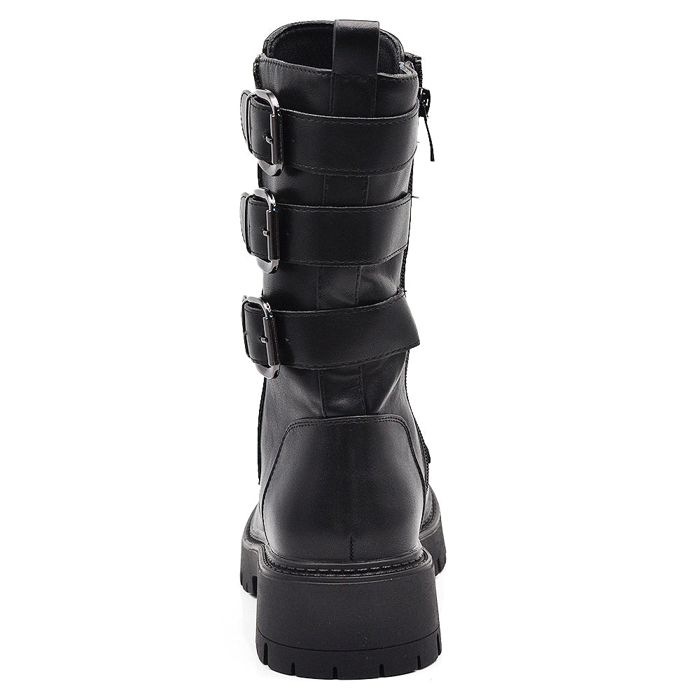 Stivali da donna stile combat con lacci multi fibbie look punk/gotico casual RQY148 nero
