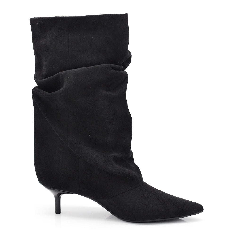 Stivali al polpaccio da donna scamosciato con tacco basso a spillo gattina KITTEN HEELS arricciato elegante e confortevole R707