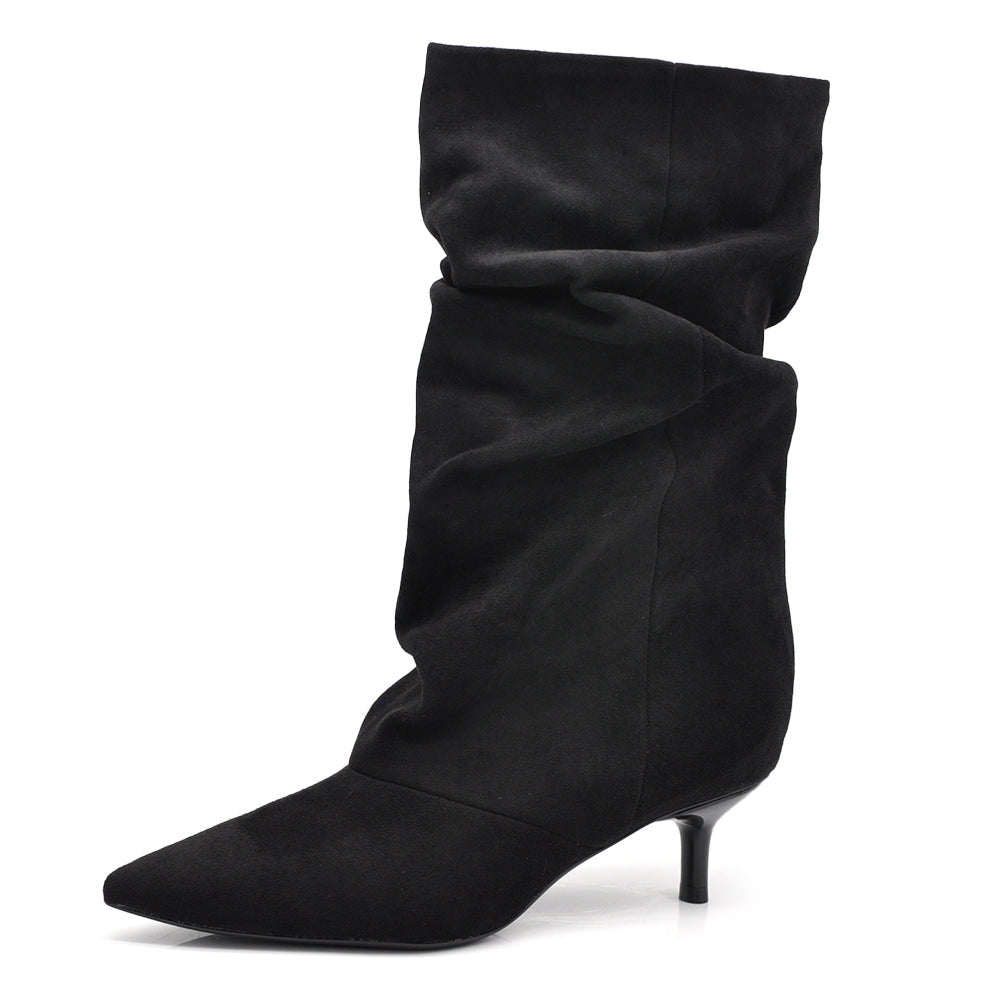 Stivali al polpaccio da donna scamosciato con tacco basso a spillo gattina KITTEN HEELS arricciato elegante e confortevole R707