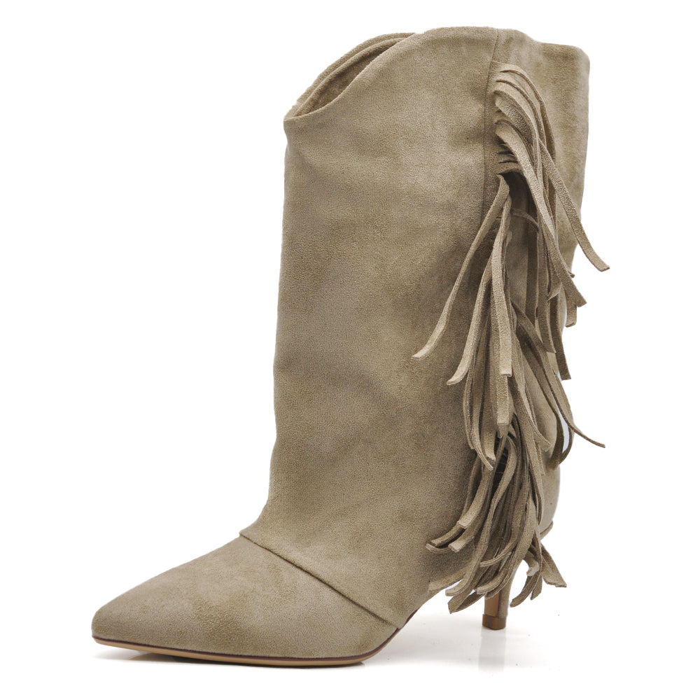 Stivali Donna Western con Frange e Gambale Largo – Stivaletti Texani Casual Tacco Medio GA055 nero marrone beige