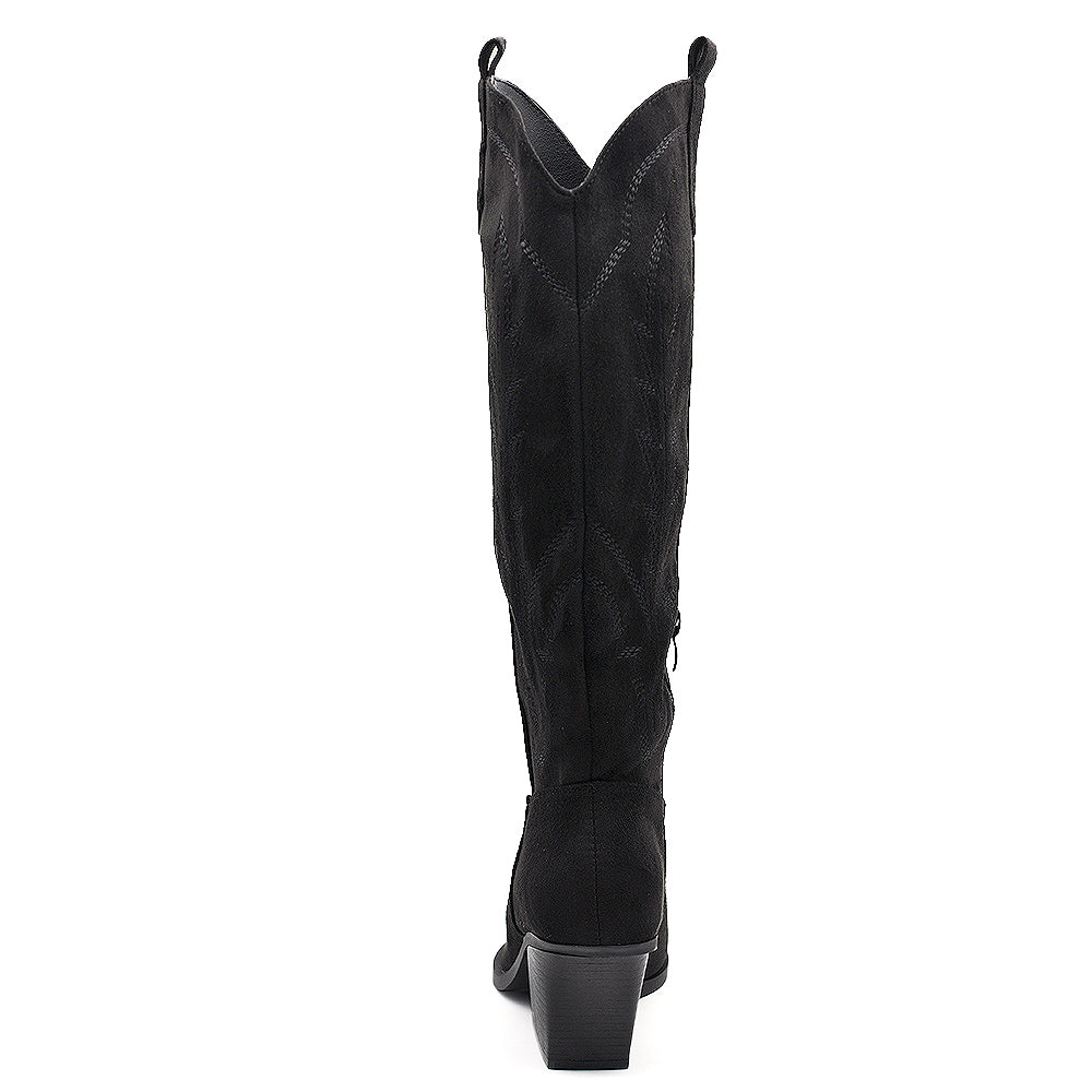 Stivali Alti Texani Donna al Ginocchio con Tacco Largo – Stivali Western Leggeri in Materiale Camoscio Sintetico
