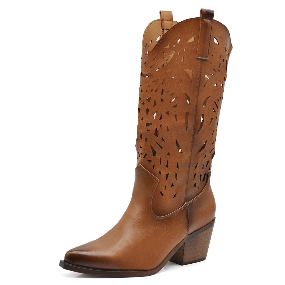 Stivali Alti Primaverili Texani Donna Traforati al Polpaccio – Stivaletti Western con Tacco Medio