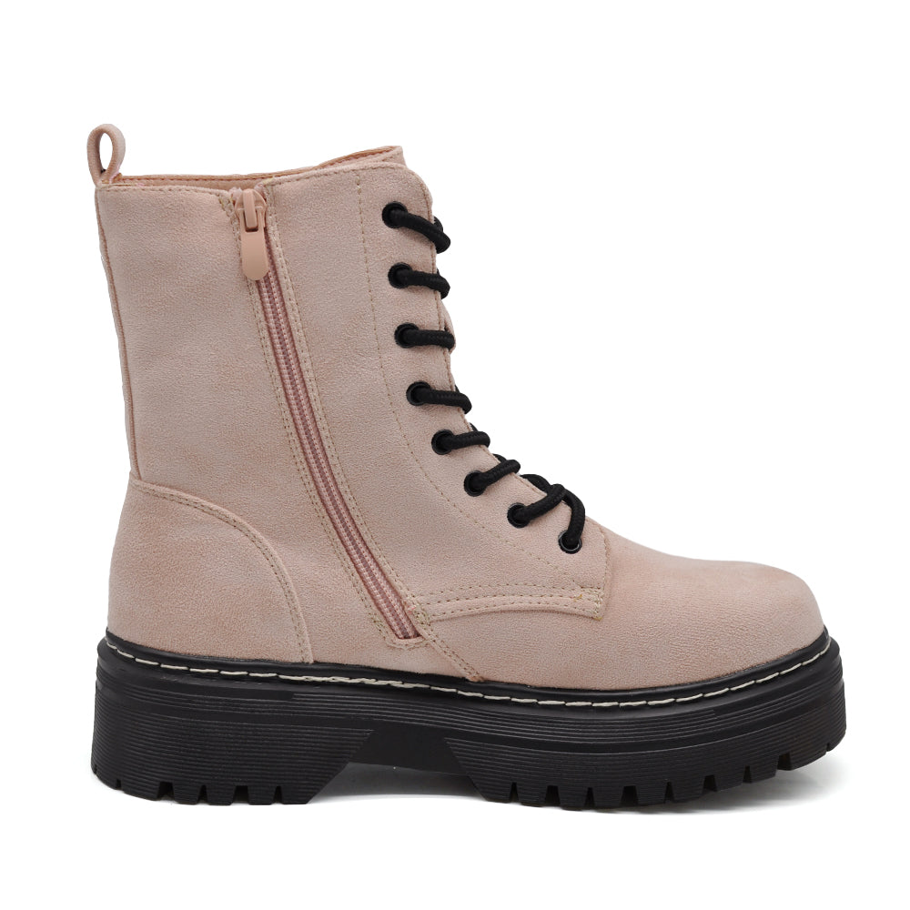 Stivali Anfibi Donna Stringati con Suola Carrarmato e Zip Laterale – Combat Boots Biker GR-6686 pink rosa nude