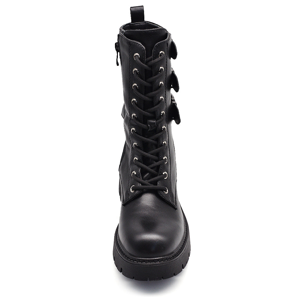 Stivali da donna stile combat con lacci multi fibbie look punk/gotico casual RQY148 nero