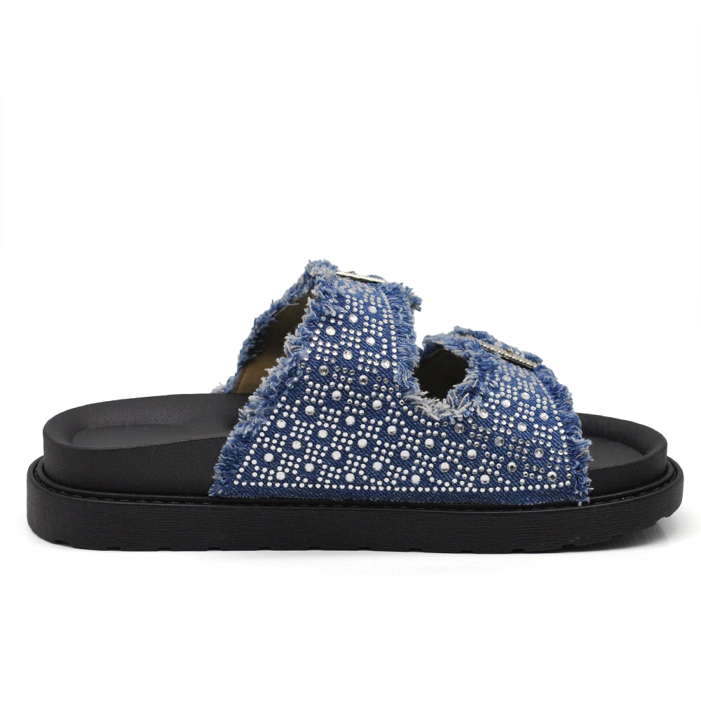 Sandali Donna Denim con Strass e Doppia Fibbia, Ciabatte Estive Casual con Plantare Ergonomico e Supporto Arco, Sandali Moda Comodi