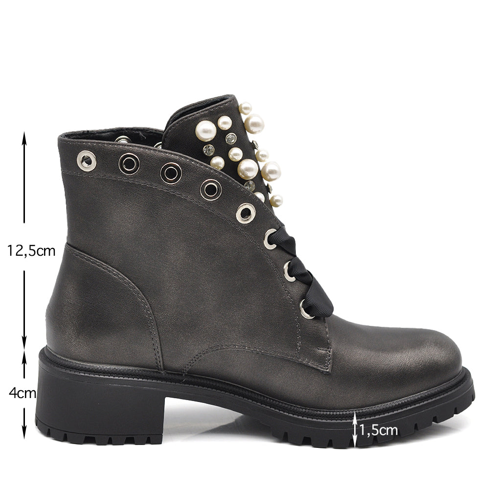 Anfibi Stivali Stivaletti con Strass e Perline MS1555 colore canna di fucile