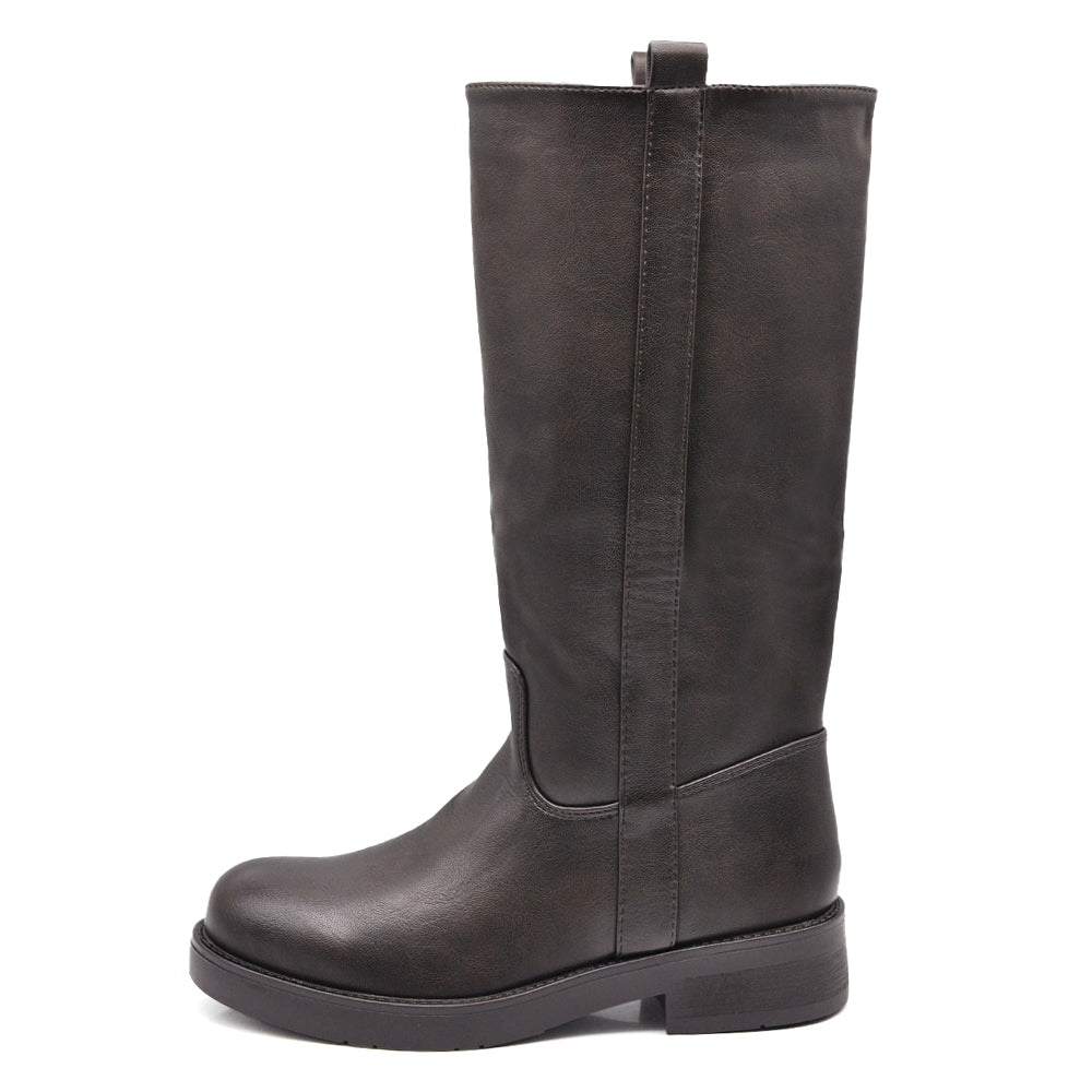 Stivali Biker Donna Alti con Gambale Dritto, Suola Chunky e Tacco Basso – Stivali Moto Casual 731