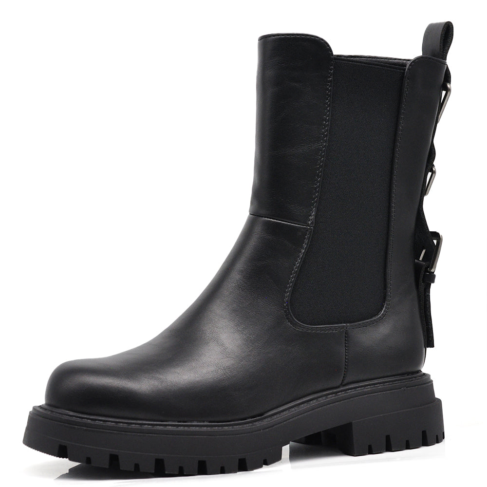 Stivali Biker Ciclista Stivaletti Chelsea Donna con Suola Spessa Chunky 3 Fibbie Posteriori  MP2747-3