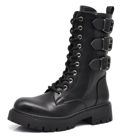 Stivali da donna stile combat con lacci multi fibbie look punk/gotico casual RQY148 nero