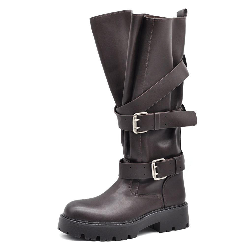Stivali Biker Donna Alti con Maxi Linguetta Integrata, Fibbie e Cinturini, Gambale Largo, Suola Platform Carrarmato Stile Motociclista WG602