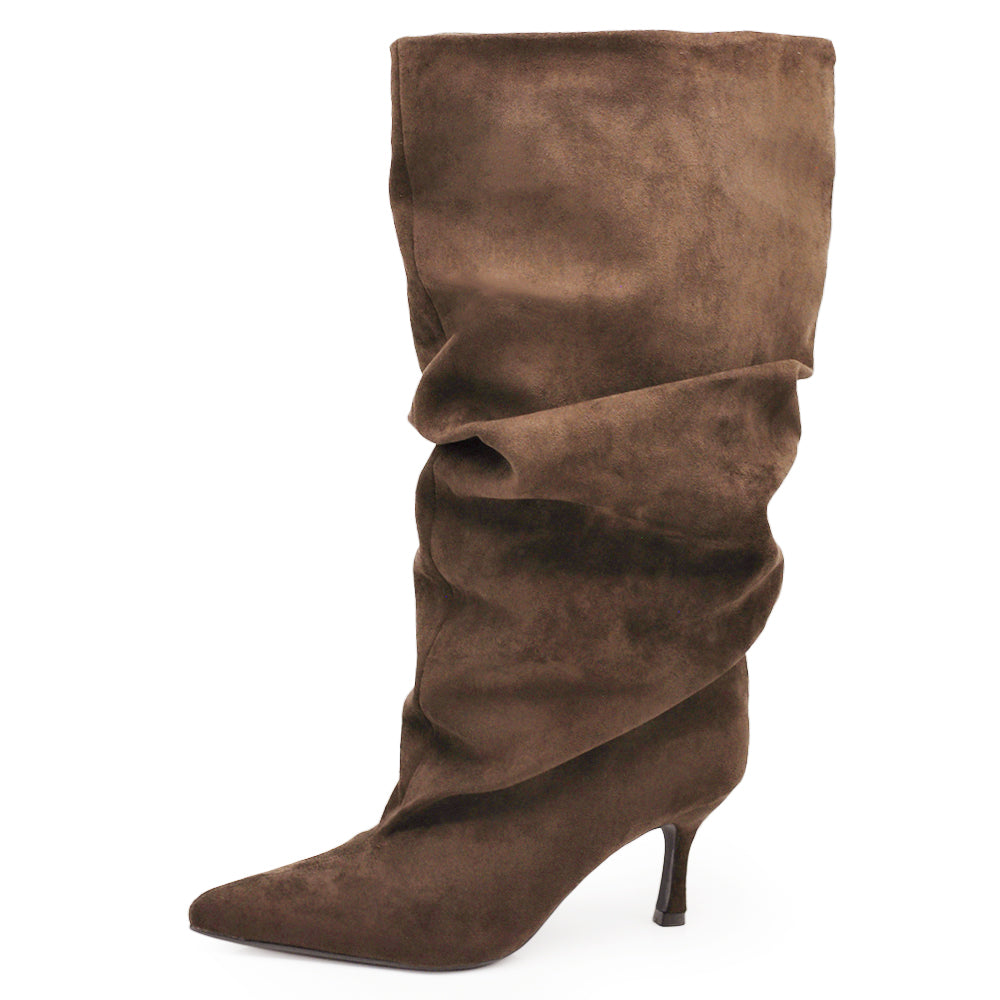 Stivali da Donna con Gambale Extra Largo Arricciato Slouchy a Punta con Tacco Medio