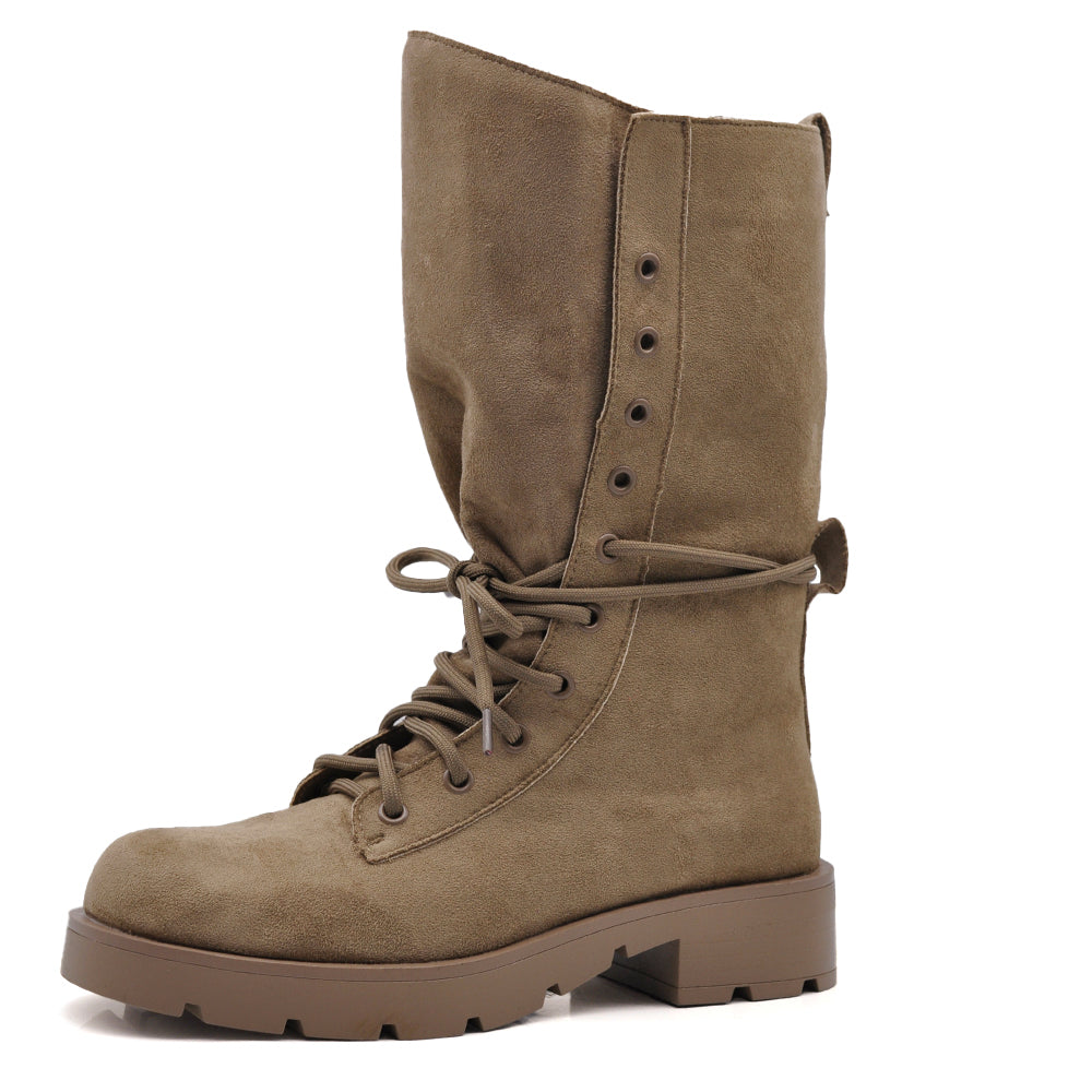 Stivali Donna Anfibi Alti Scamosciati con Lacci, Gambale Morbido e Ampio, Suola Chunky Carrarmato, Stivali Biker Casual 52280