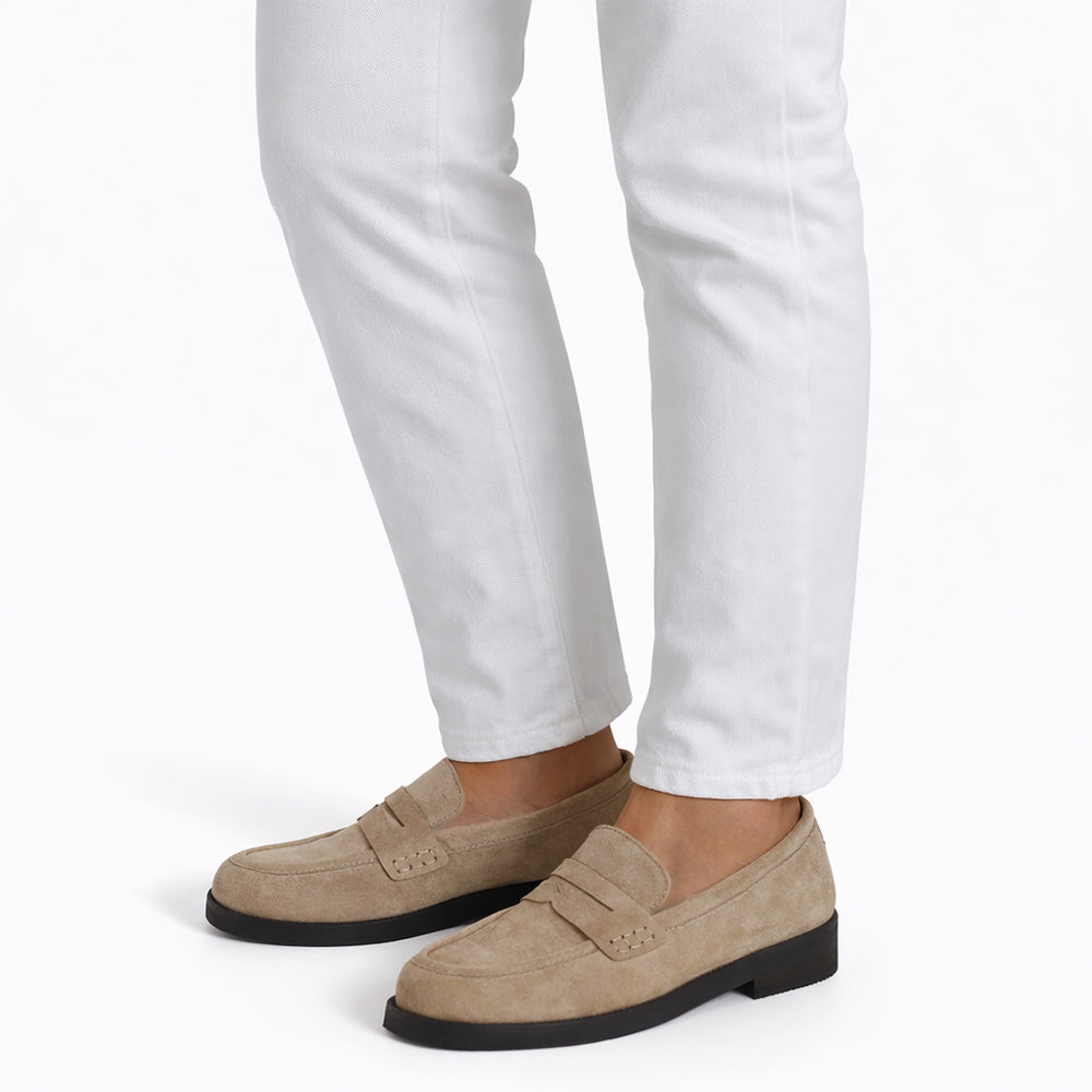 Mocassini Donna in Camoscio Eleganti, Loafers Slip On Casual da Ufficio, Suola Rinforzata con Inserto Effetto Legno, Comodi e Resistenti
