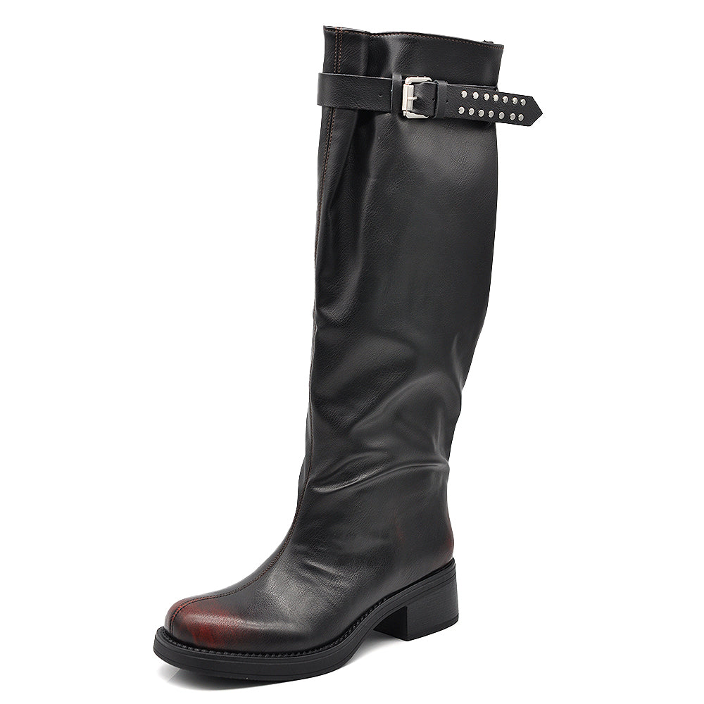 Stivali Donna Gambale Regolabile con Fibbie – Punta Quadrata Trendy, Stivali Alti Moda