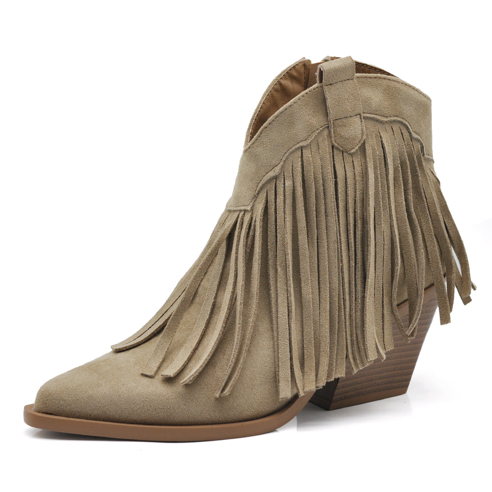Stivaletti Donna con Frange Stile Western Texani – Tronchetti Casual con Tacco Medio,Camperos in Camoscio Sintetico