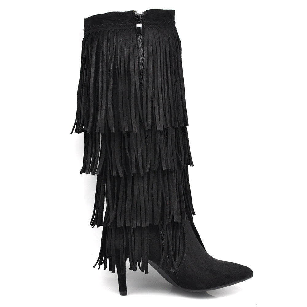 Stivali alti con 3 strati di frange in stile western a punta e tacco a spillo camoscio sintetico GA049