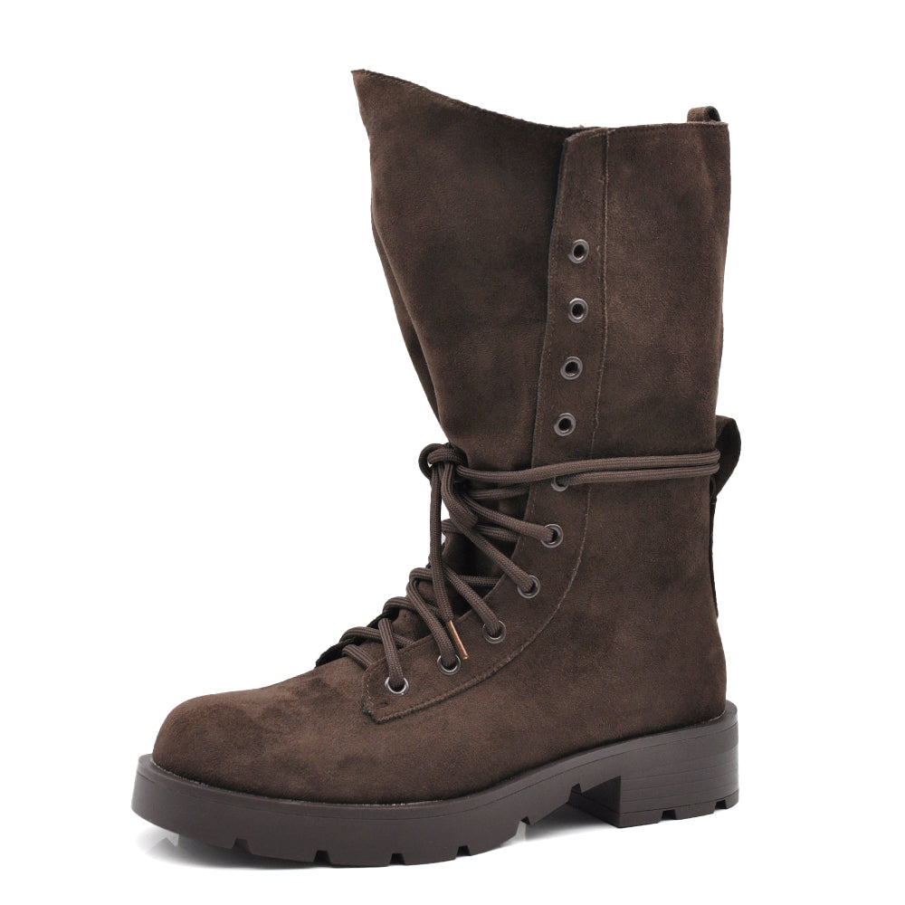 Stivali Donna Anfibi Alti Scamosciati con Lacci, Gambale Morbido e Ampio, Suola Chunky Carrarmato, Stivali Biker Casual 52280