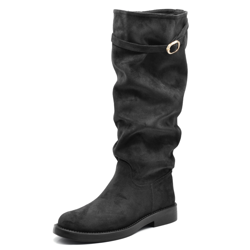 Stivali Alti Donna Morbidi Arricciati in Effetto Scamosciato con Fibbia, Gambale Slouchy e Tacco Basso WG605