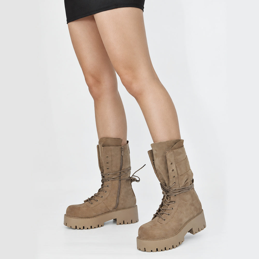 Stivali Anfibi Donna Platform con Lacci, Maxi Linguetta e Tasca Decorativa – Stivaletti Combat Casual con Suola Carrarmato 750