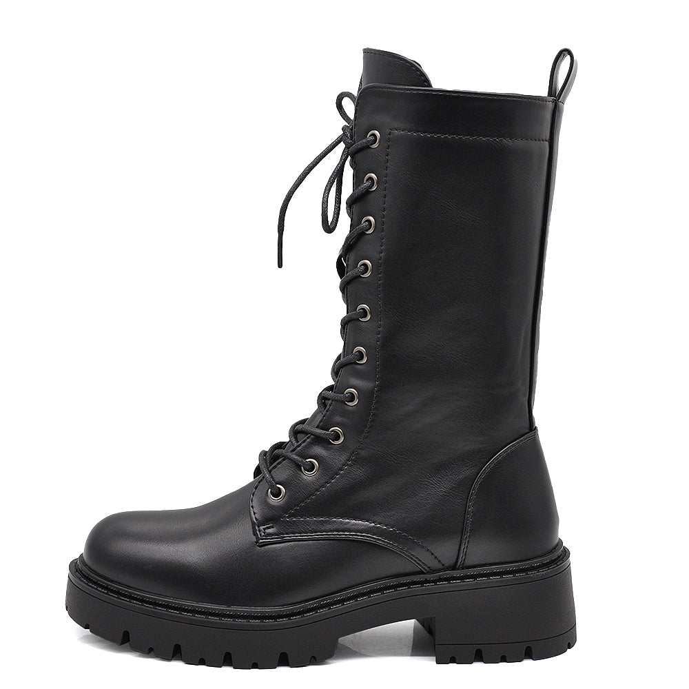 Stivali Anfibi Donna Alti Stringati con Suola Carrarmato e Zip Laterale – Combat Boots Biker