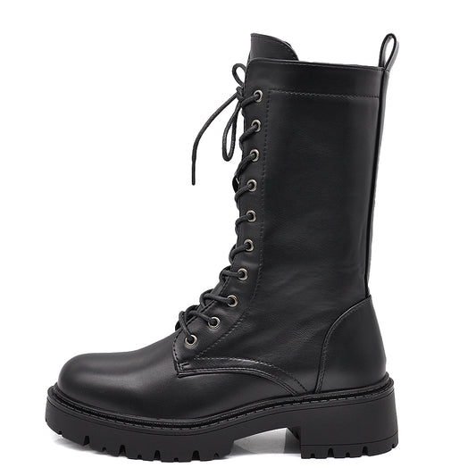 Stivali Anfibi Donna Alti Stringati con Suola Carrarmato e Zip Laterale – Combat Boots Biker