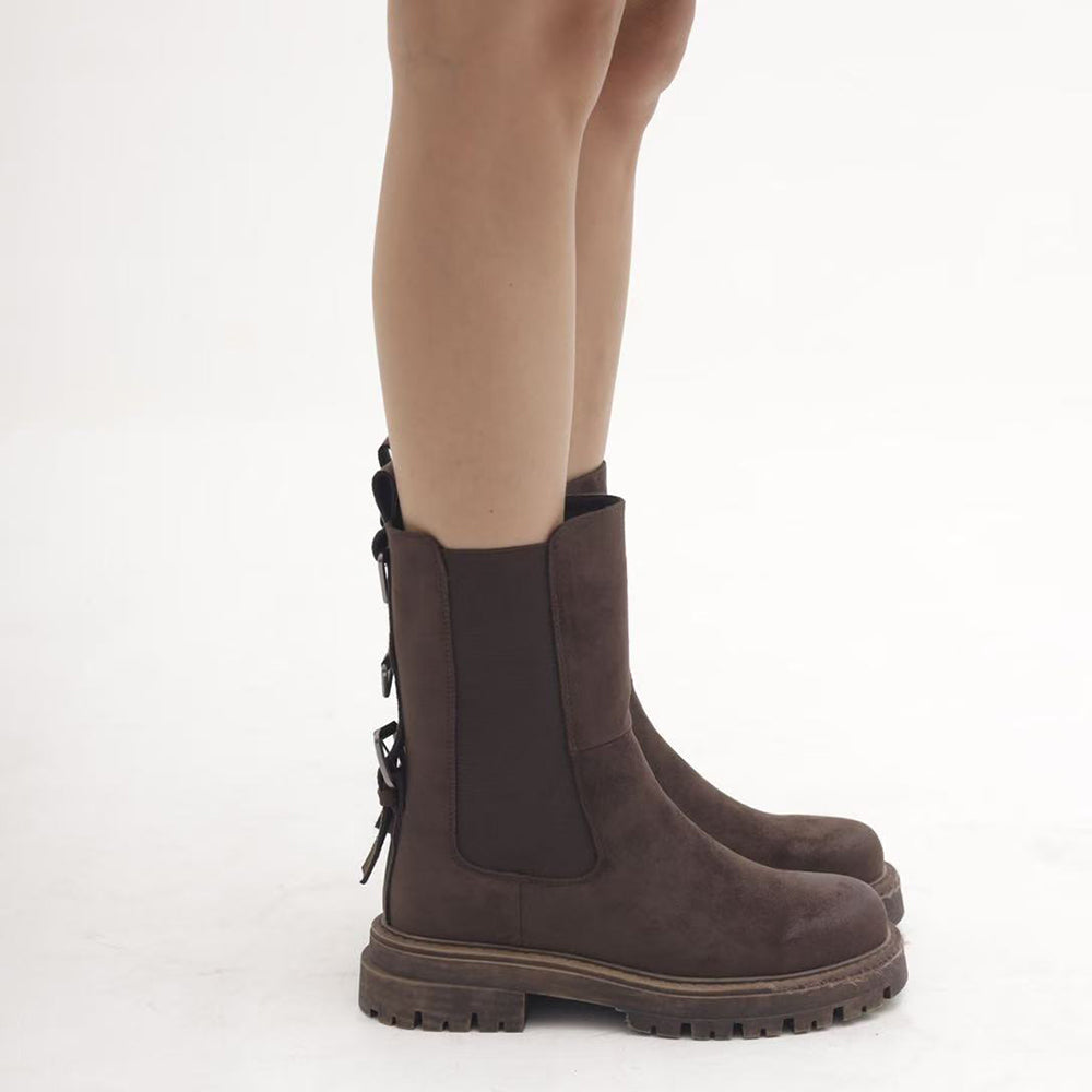 Stivali Biker Ciclista Stivaletti Chelsea Donna con Suola Spessa Chunky 3 Fibbie Posteriori  MP2747-3