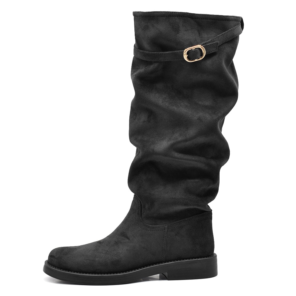 Stivali Alti Donna Morbidi Arricciati in Effetto Scamosciato con Fibbia, Gambale Slouchy e Tacco Basso WG605