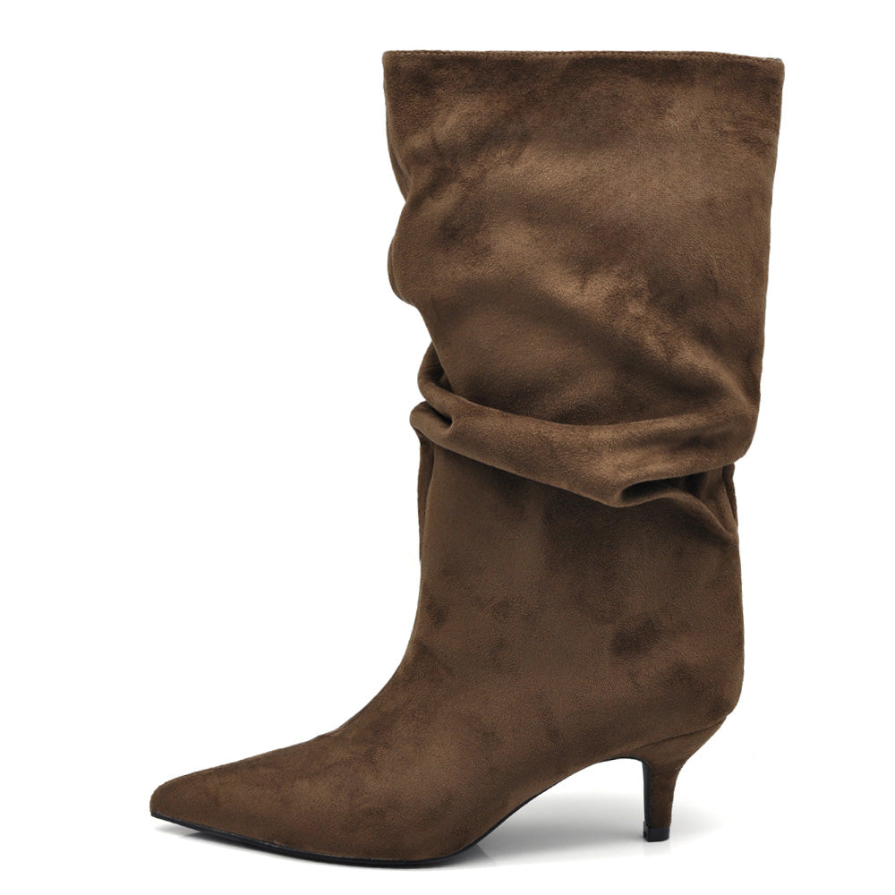 Stivali al polpaccio da donna scamosciato con tacco basso a spillo gattina KITTEN HEELS arricciato elegante e confortevole A206 marrone beige