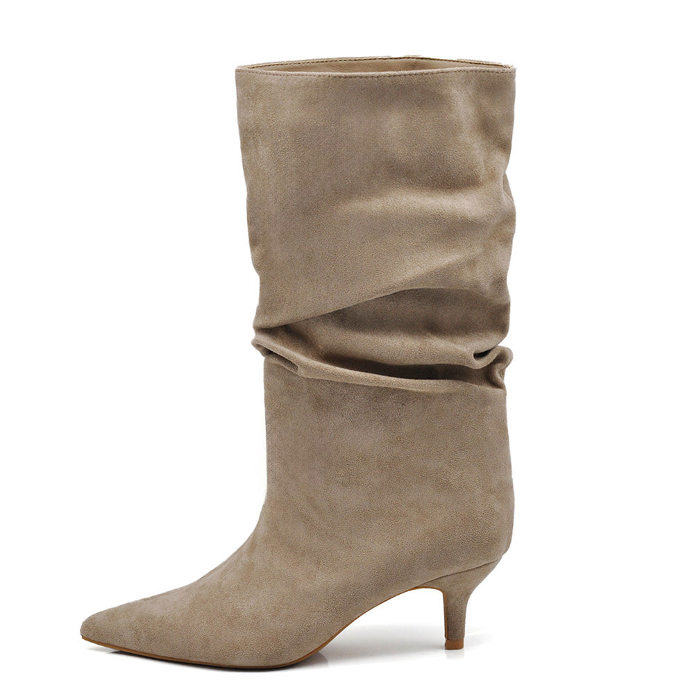 Stivali al polpaccio da donna scamosciato con tacco basso a spillo gattina KITTEN HEELS arricciato elegante e confortevole A206 marrone beige