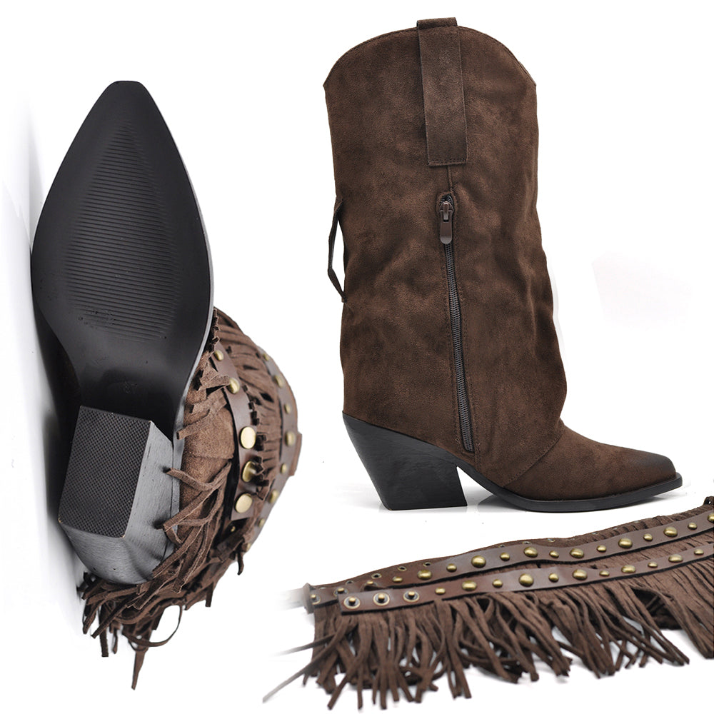 Stivali Texani Donna Western con Borchie e Frange Rimovibili a 3 Strati Tacco Medio nero marrone khaki