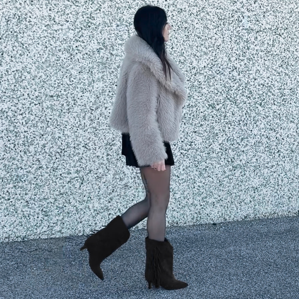 Stivali Donna Western con Frange e Gambale Largo – Stivaletti Texani Casual Tacco Medio GA055 nero marrone beige