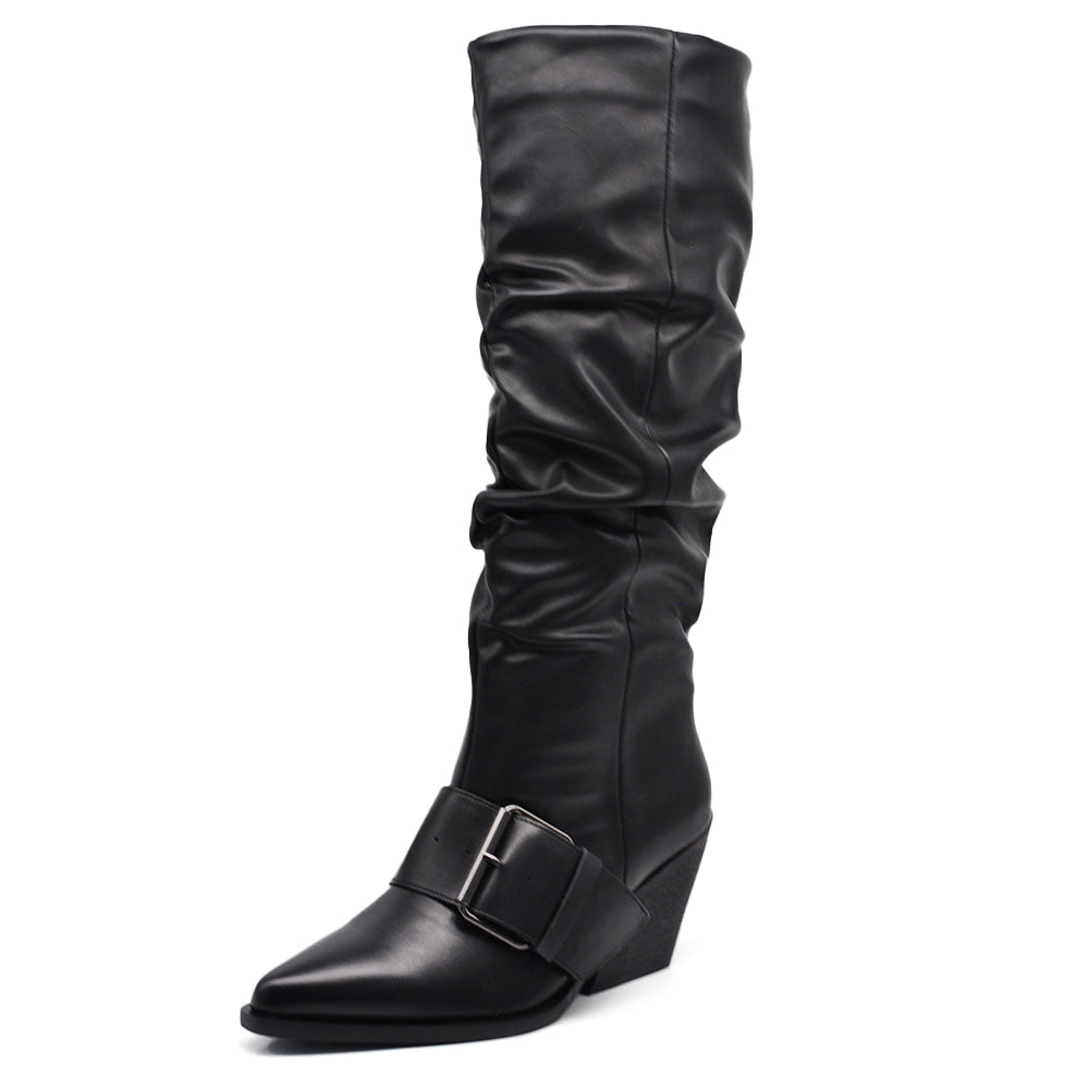 Stivali Texani Western alti donna con punta affusolata e gambale arricciato tacco a cono e cinturino largo rimovibile GA043 nero