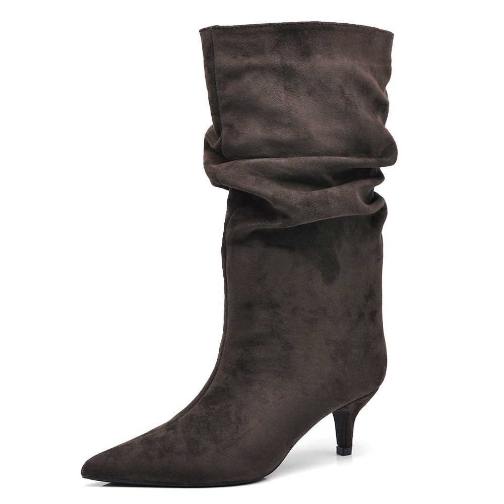 Stivali al polpaccio da donna scamosciato con tacco basso a spillo gattina KITTEN HEELS arricciato elegante e confortevole A206 marrone beige