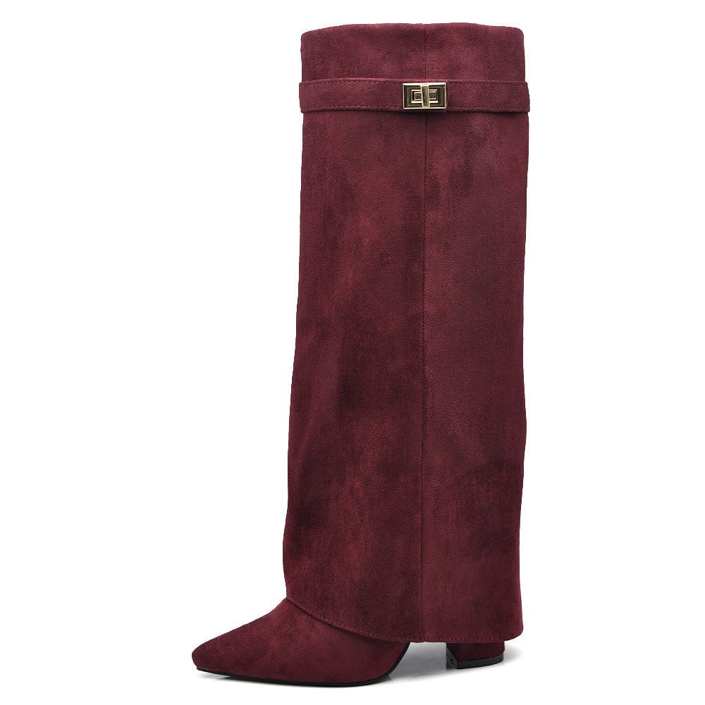 Stivali Donna A Punta  Tacco Alto Stile Western – Alti al Ginocchio Camoscio Sintetico 6885