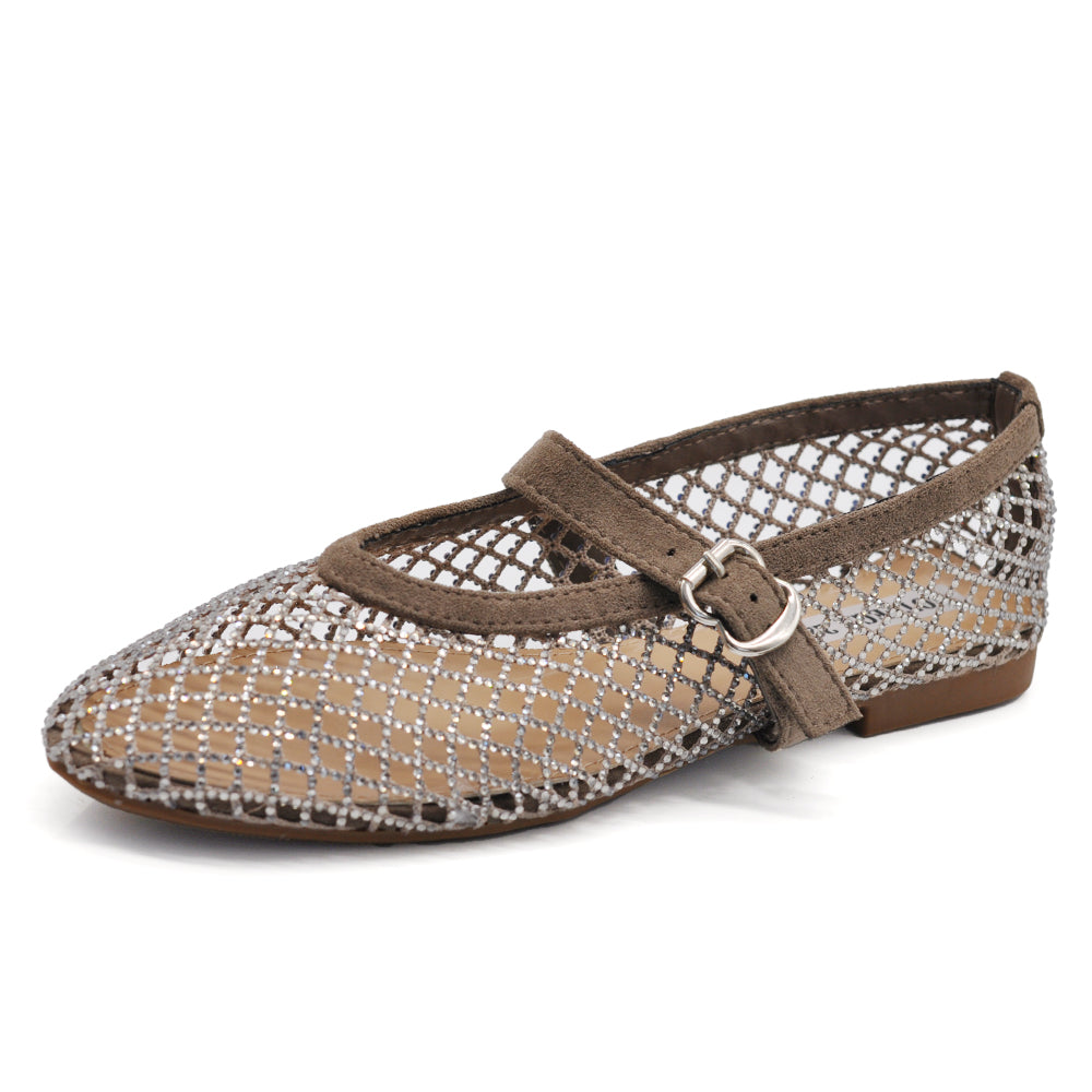 Ballerine Donna Mary Jane a Rete con Strass, Scarpe Basse Traforate con Cinturino e Fibbia, Ballerine Gioiello Eleganti