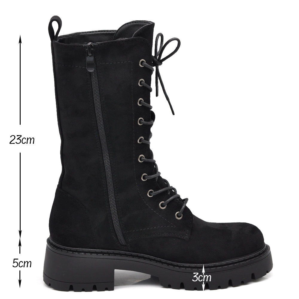 Titolo prodotto: Stivali Anfibi Donna Alti Stringati con Suola Carrarmato e Zip Laterale – Combat Boots Biker