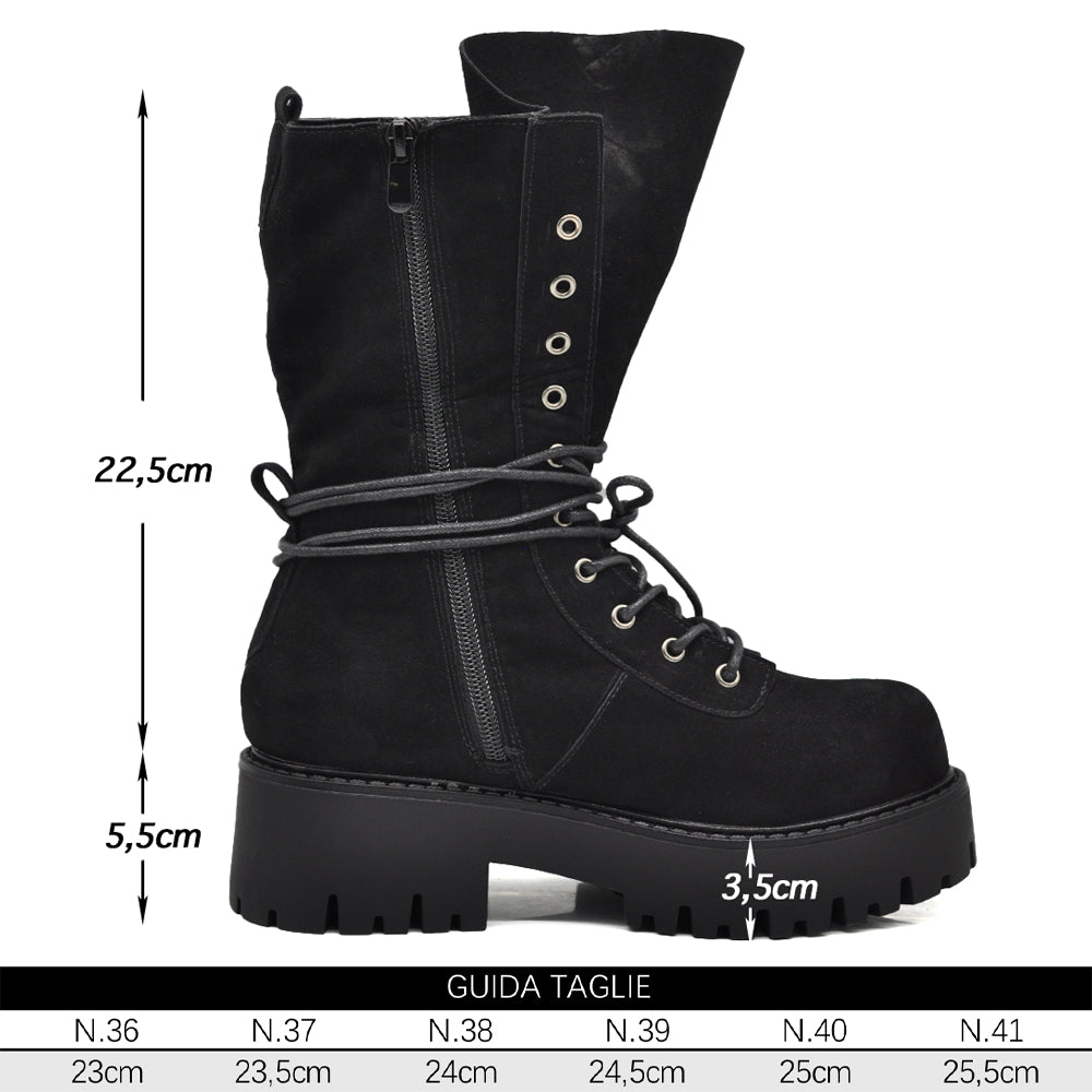 Stivali Anfibi Donna Platform con Lacci, Maxi Linguetta e Tasca Decorativa – Stivaletti Combat Casual con Suola Carrarmato 750