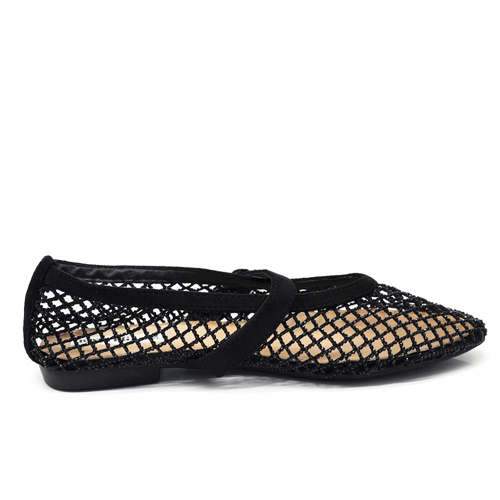 Ballerine Donna Mary Jane a Rete con Strass, Scarpe Basse Traforate con Cinturino e Fibbia, Ballerine Gioiello Eleganti