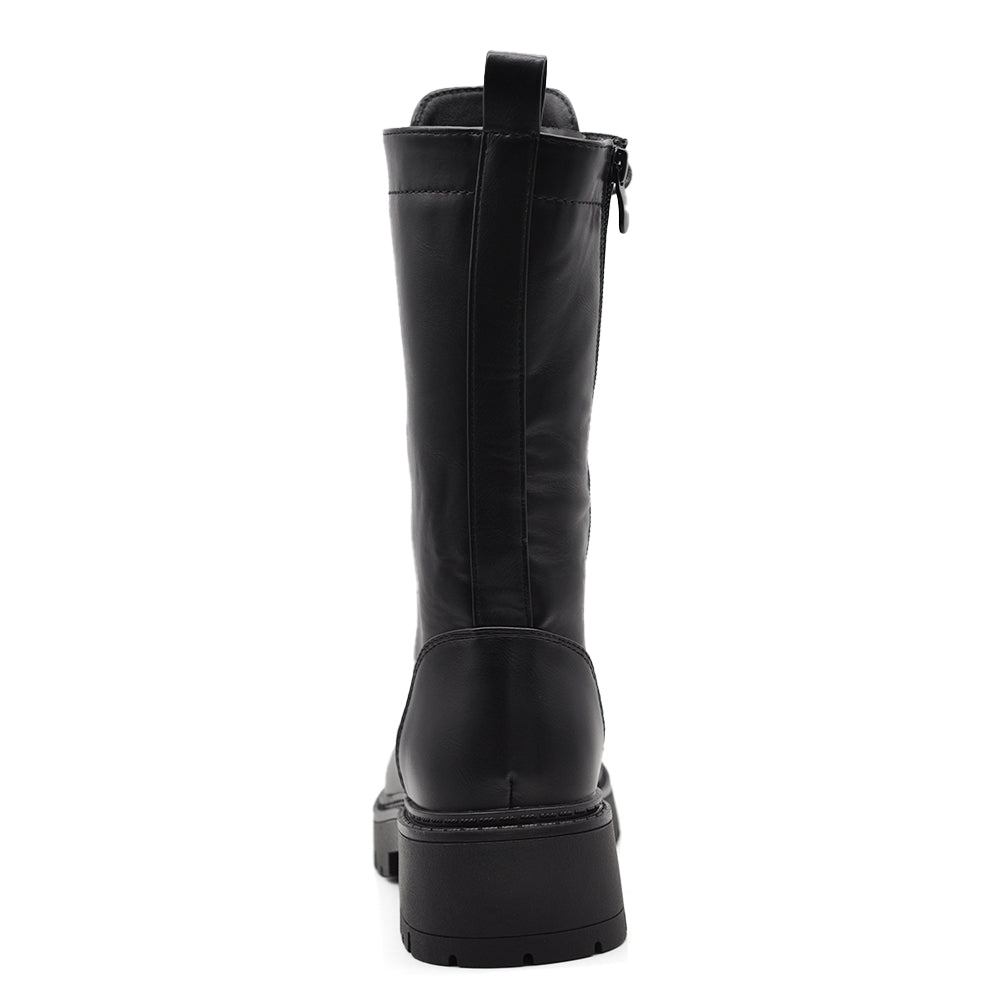 Stivali Anfibi Donna Alti Stringati con Suola Carrarmato e Zip Laterale – Combat Boots Biker