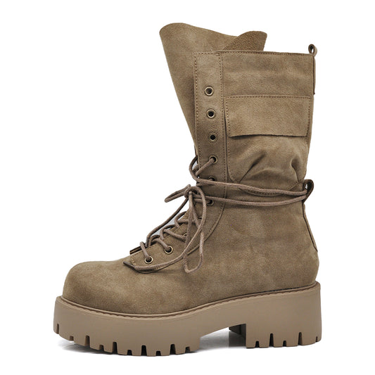 Stivali Anfibi Donna Platform con Lacci, Maxi Linguetta e Tasca Decorativa – Stivaletti Combat Casual con Suola Carrarmato 750