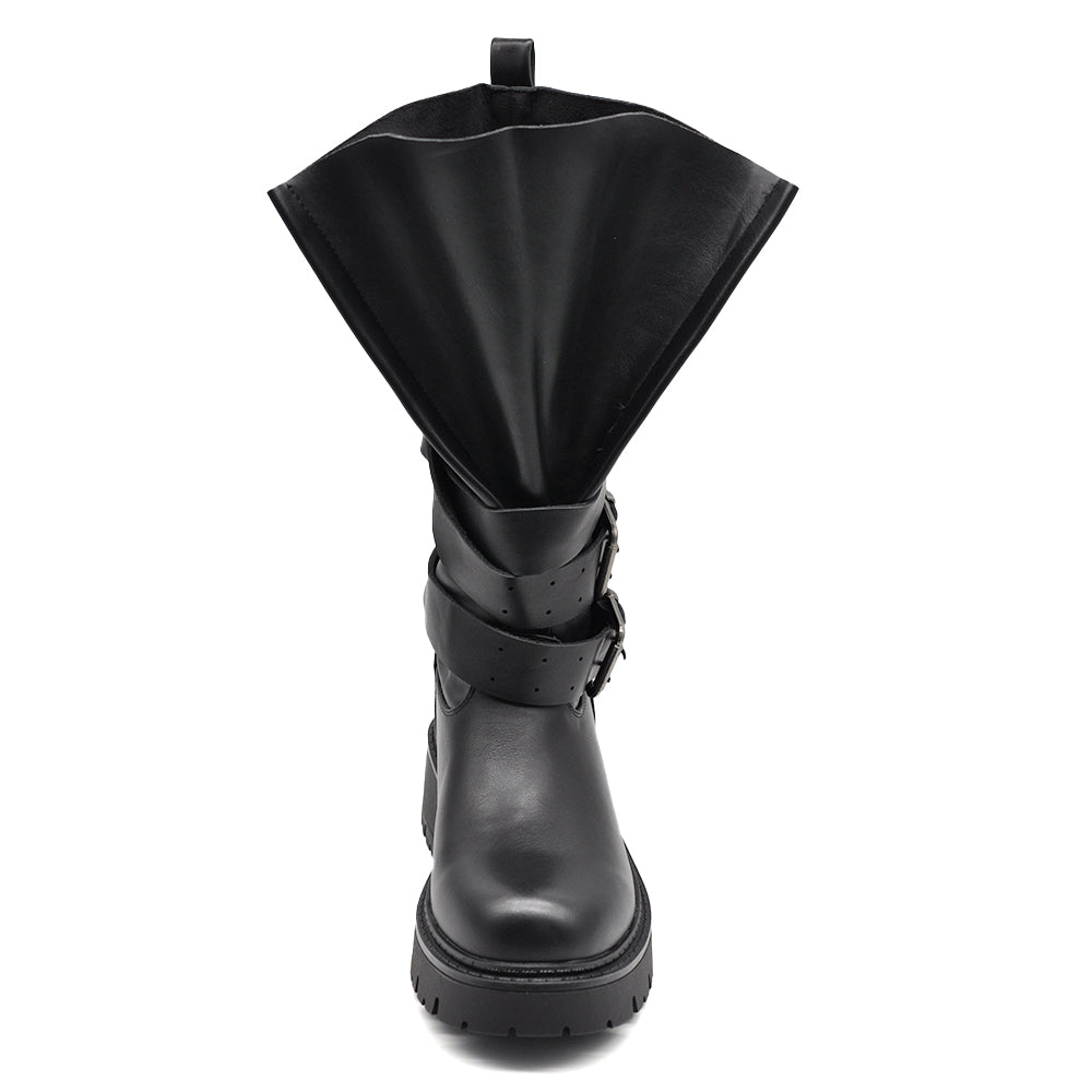 Stivali Biker Donna al Polpaccio con Maxi Linguetta Integrata, Fibbie e Cinturini, Gambale Largo, Suola Platform Carrarmato Stile Motociclista G737