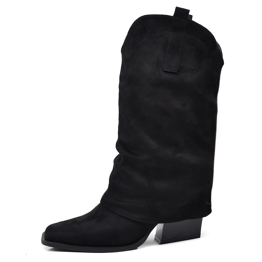 Scarpe da Donna Stivali Texani Western Stivaletti Arricciati Scamosciati Con Ghette Punta Quadrata MP738