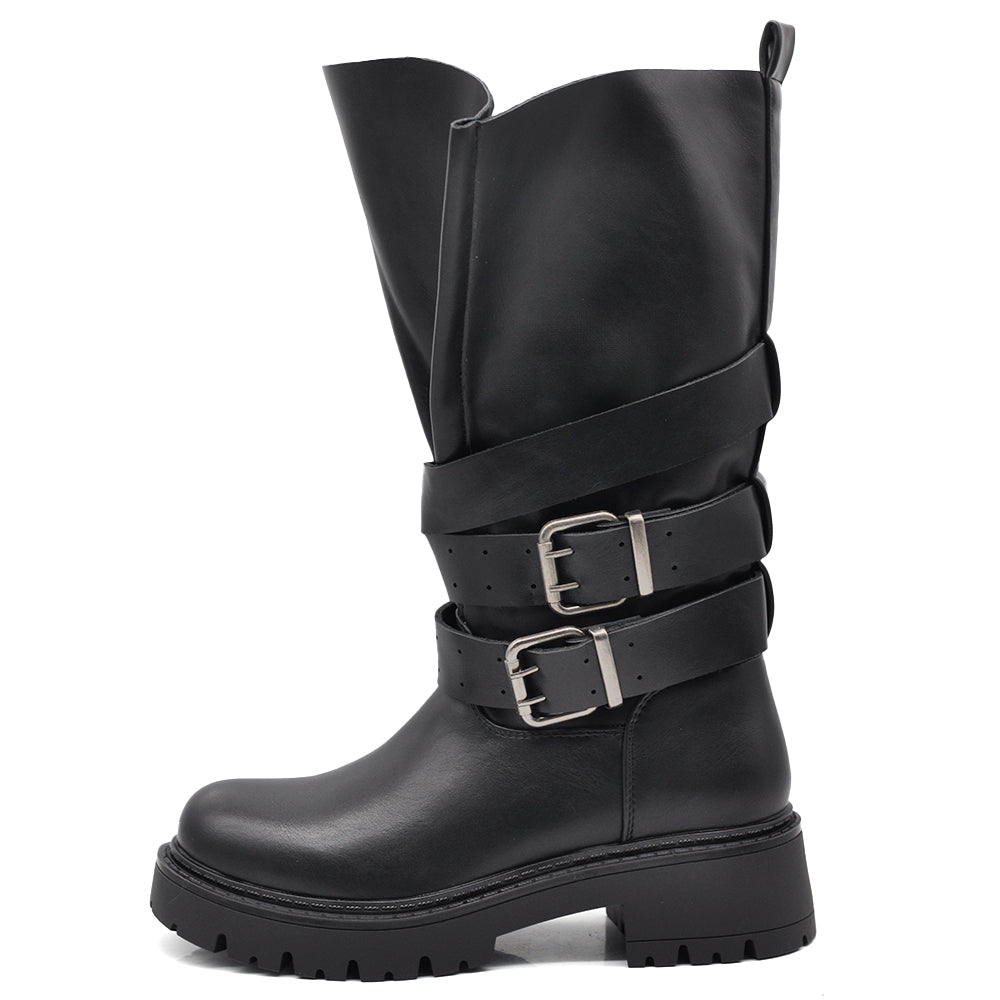 Stivali Biker Donna al Polpaccio con Maxi Linguetta Integrata, Fibbie e Cinturini, Gambale Largo, Suola Platform Carrarmato Stile Motociclista G737