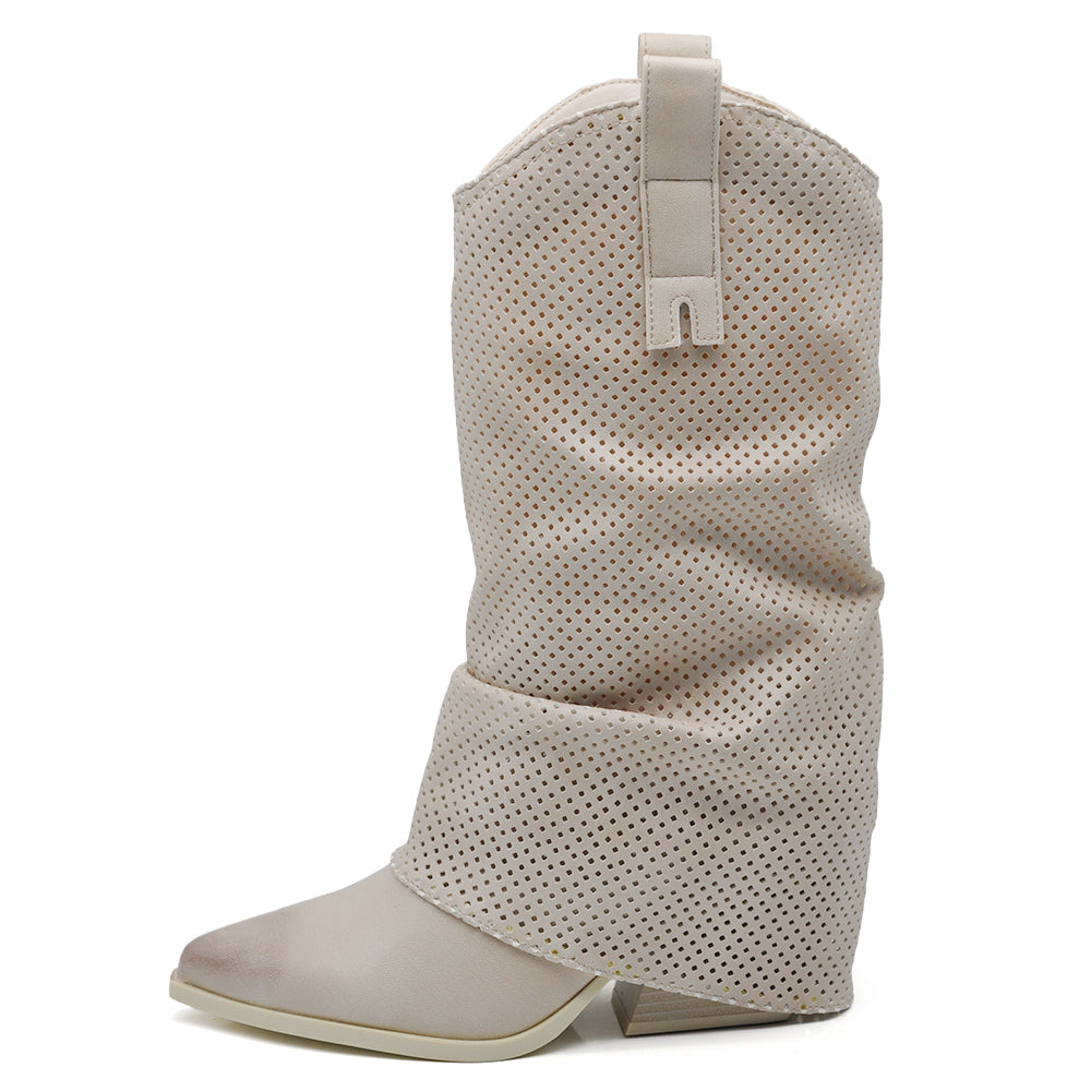 Stivaletti Arricciati Texani Donna con Decorazione Esterna Traforata e Tacco Medio – Stivali Western